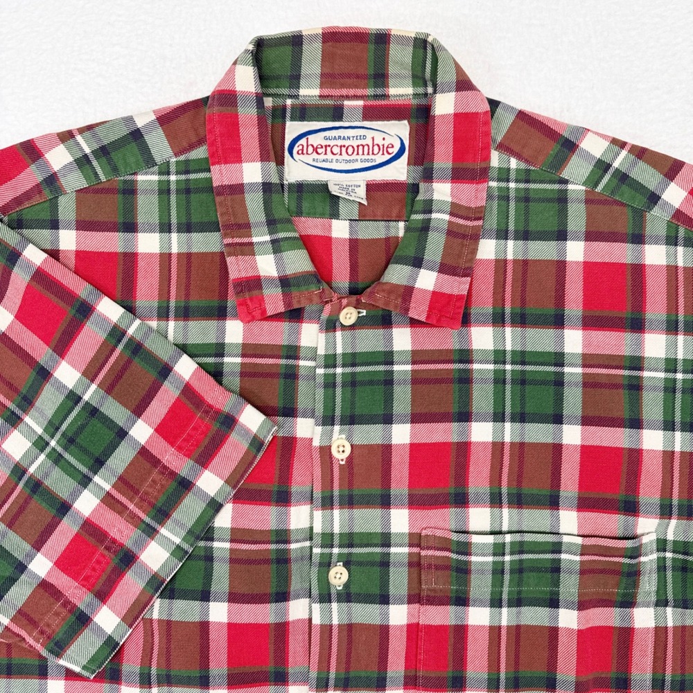 Vintage Abercrombie Shirt Medium Red Green Plaid Short Sleeve Holiday Christmas